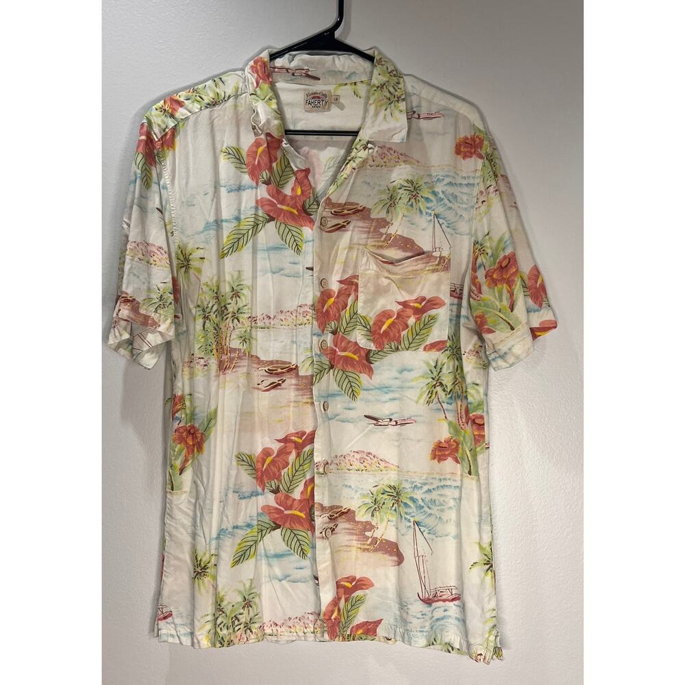 Faherty Cream Tropical Print Short-Sleeve Button-Down Shirt